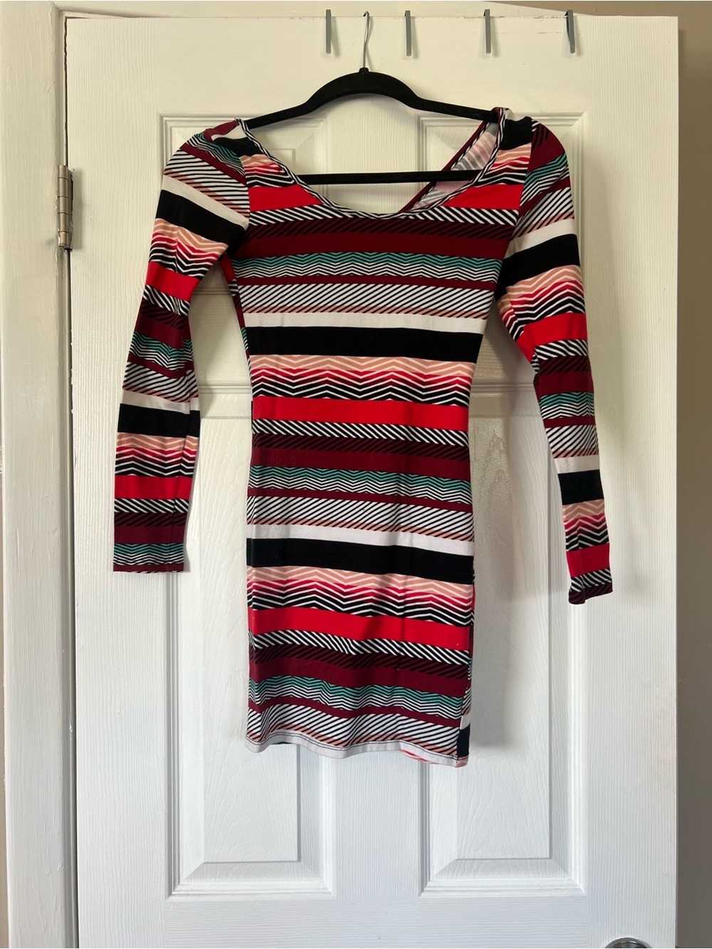 Charlotte Russe Red, Black & White Long Sleeve Striped Bodycon Dress